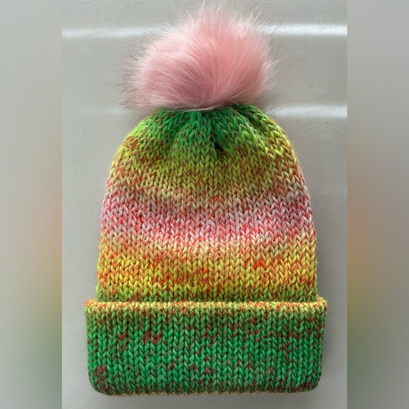 NWT Beanie w/Brim and PomPom, Green, Yellow, Pink, Double Fabric, Teen/Sm Adult - Picture 6 of 9